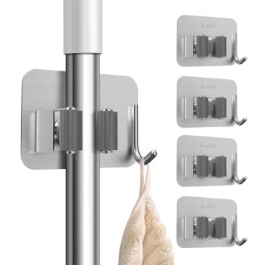 Imagem de nacena Suporte de parede para vassoura, 4 pacotes de cabide de esfregão e vassoura de aço inoxidável preto com ganchos, organizador de vassoura e esfregão resistente para pendurar na parede para