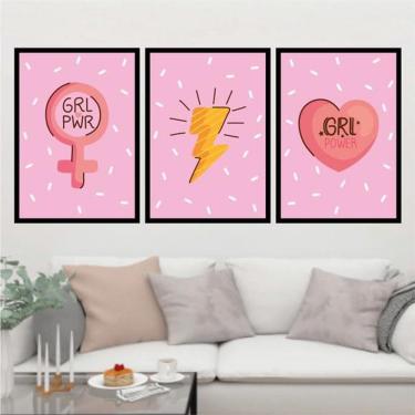 Imagem de Kit 3 Quadros Girls Power Raio E Coração 24X18Cm