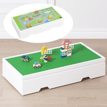 Imagem de UTEX Mesa de brinquedo 3 em 1 compatível com Lego, mesa de trem de atividades infantil com rodinhas com armazenamento e rodas, loja superior reversível embaixo das camas ou sofás