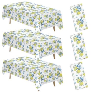 Imagem de FVABO Toalha de mesa mediterrânea de limão, 3 peças descartáveis de azulejo azul e limão floral para festas de verão, aniversário, tema italiano, chá de bebê, chá de panela, 140 x 218 cm