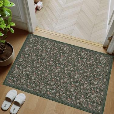Imagem de Clemile Tapete floral 5 x 7 cm - Tapete de cozinha vintage lavável com suporte antiderrapante - Tapete macio de pelo baixo para entrada, quarto, cozinha, banheiro verde escuro