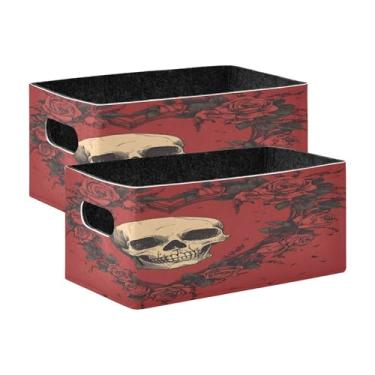 Imagem de xigua Conjunto de 2 caixas de armazenamento de caveira para o Dia dos Namorados, cubo de armazenamento dobrável, organizador de cestas de armazenamento para livros, prateleiras, armário, lavanderia