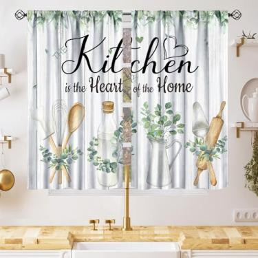 Imagem de Cortinas de cozinha de folhas de eucalipto rústicas, plantas de fazenda, botânica, placa de madeira, tratamentos de janela natural para quarto, cozinha, 2 painéis, utensílios de cozinha, cortinas