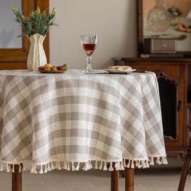 Imagem de Alsoo Toalha de mesa xadrez redonda xadrez xadrez linho de algodão com borla, capa de mesa lavável para decoração de aniversário ao ar livre na primavera, piquenique (152 cm, 2 a 4 assentos, bege)