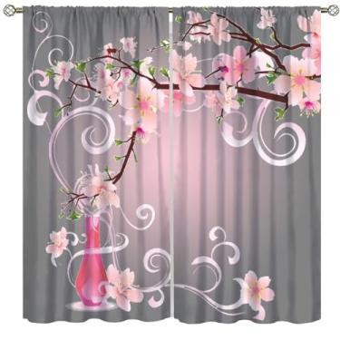 Imagem de Cortinas semitransparentes flor de cerejeira, flor rosa, estampa floral japonesa, tratamentos de janela para quarto, sala de estar, cozinha, tecido de poliéster, conjunto de 2 painéis, tamanho total