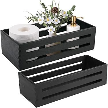Imagem de LotFancy Caixa de decoração de banheiro, pacote com 2 suportes de papel higiênico de madeira, cesta preta para tanque de vaso sanitário, parte de trás do cesto de armazenamento de vaso sanitário, topo