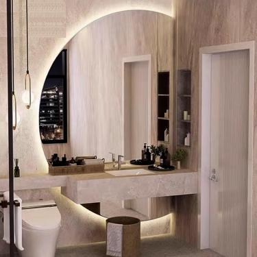 Imagem de Espelho De Parede Iluminado De 3 Cores, Espelho De Vaidade De Desembaçamento Para Banheiro, Espelho De Maquiagem Irregular, Espelho Decorativo De Meio Círculo, Right Cut, 28 * 39inch(70 * 100cm)