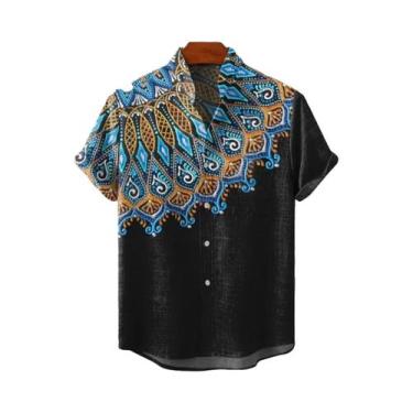 Imagem de Camisa Masculina Vintage De Linho Com Manga Curta E Estampa De Mandala