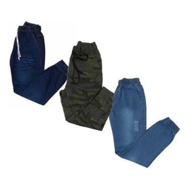 Imagem de Kit C/ 3 Peças Calça Joguer Sarja Feminina Azul Preto, 46