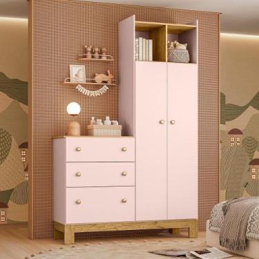 Imagem de Guarda Roupa Infantil Flora com Comoda Rosa Acetinado - Qmovi