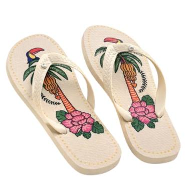 Imagem de Chinelo Feminino Tropical Bege Estampa Palmeira Confortável Antiderrapante Verão Sandália (BR, Adulto, Faixa Numérico, 39, 40)
