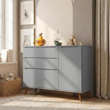 Imagem de Cômoda Infantil 100% MDF com 3 Gavetas e 1 Porta Retrô Melinda Cinza -