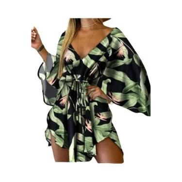 Imagem de Vestido Boêmio Feminino Estampado - Decote V, Manga Morcego e Babado -