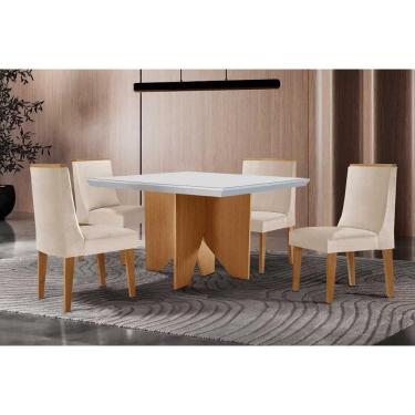 Imagem de Conjunto Sala de Jantar Nevada c/ Tampo Madeirado c/ Vidro Canto Curvo 90x90cm e 4 Cadeiras Dakota Madeira Maciça Naturale/Off White - Capuccino/Suede