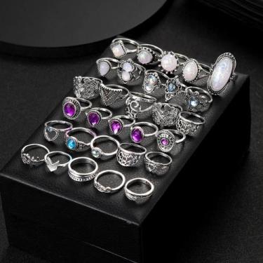Imagem de Conjunto De Anéis Vintage Boêmios Em Prata Com Cristal Roxo E Opala, 3