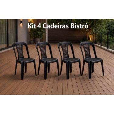Imagem de Kit 4 Cadeiras Bistrô Plástica Preta Empilhável Resistente Cozinha, Ba