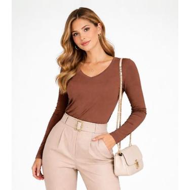 Imagem de Blusa Manga Longa Decote V Básica Select Marrom, G, Marrom