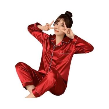 Imagem de Conjunto De Pijamas De Seda Satin plus Size Em Cor Sólida Com Botões P