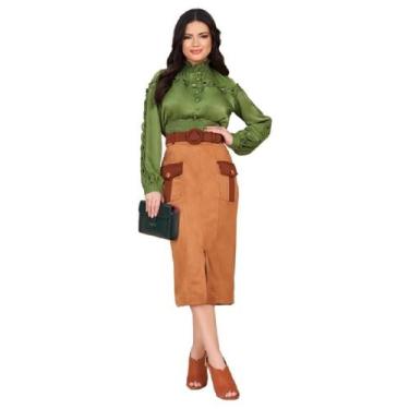 Imagem de Saia em Suede Midi Modelagem Lápis Fascinius, Marrom, G - 44