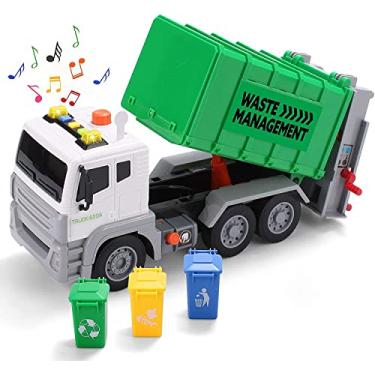 Imagem de Brinquedo de caminhão de lixo de 12,5" com luzes e sons, caminhão de lixo movido a fricção, caminhão de reciclagem, caminhão de brinquedo, conjunto de veículo com 3 caixas, função de colisão traseira, presentes educativos para crianças(1:12)