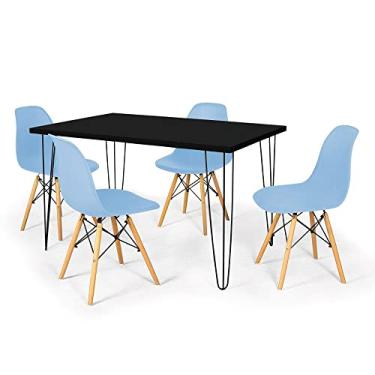 Imagem de Conjunto Mesa de Jantar Hairpin 130x80 Preta com 4 Cadeiras Eames Eiffel - Azul Claro