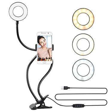 Imagem de Bonnu 2-em-1 LED Ring Light com suporte de telefone celular para maquiagem de transmissão ao vivo Selfie Recording com braço de metal flexível Compatível com Android Smartphones