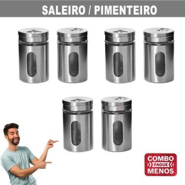 Imagem de Kit C/ 6 Unidades Porta Temperos Saleiro Pimenteiro Aço Inox Vidro Bar