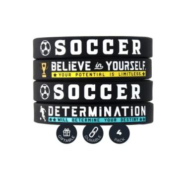 Imagem de (Pacote com 4) Pulseiras de silicone de futebol com citações esportivas motivacionais - Conjunto de 4 pulseiras inspiradoras de borracha de silicone - acessórios de joias unissex para presentes de