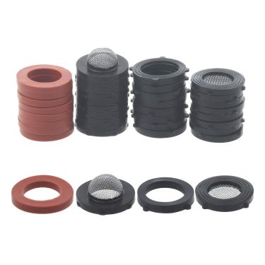 Imagem de Jwodo Conjunto de vedações de borracha para arruelas de mangueira de jardim de 3/4 polegadas, tela de filtro de mangueira de enchimento, 40 pacotes 4 tipos de anéis de vedação para encaixes padrão de mangueira de jardim de 3/4 polegadas e conector de máquina de lavar de 5/8 polegadas