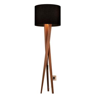 Imagem de Luminaria de Chão Abajur Tripe Madeira Retrô Luxo Cúpula Preta