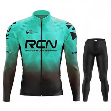 Imagem de Outono Inverno Ciclismo Jersey Ao Ar Livre Térmico Fleece Bicicleta Meia-calça Zíper Completo À Prova de Vento Bicicleta de Estrada Manga Longa Bib Pants, Azul, G (174 CM/73 KG)