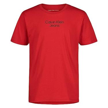 Imagem de Calvin Klein Camiseta jeans para meninos manga curta com gola redonda, centralizada para corrida vermelha, Corrida centralizada, vermelho