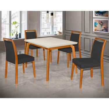 Imagem de Mesa Jantar Luxo Jade 120x90cm Off White com 4 Cadeiras Estofadas Veludo Preto Base Madeira Maciça M