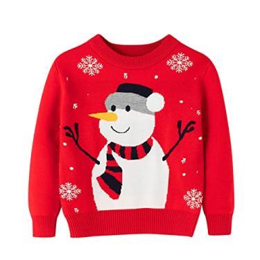 Imagem de Suéter infantil de Natal tricotado com estampa de boneco de neve pulôver outono inverno manga longa moletom quente ao ar livre, Vermelho, 5-6 Anos