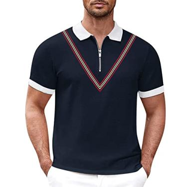 Imagem de Camisas de elastano para homem verão casual tecido listrado camiseta botão gola virada para baixo manga curta solo, Azul-marinho, G