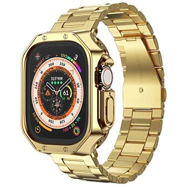 Imagem de Pulseira masculina compatível com Apple Watch Ultra, 3/2/1, corrente de metal de aço inoxidável com capa de TPU, pulseira para relógio inteligente para i-Watch Ultra, 49 mm, ouro