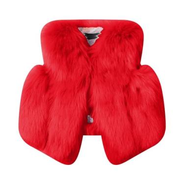 Imagem de Mercatoo Roupas quentes de inverno para bebês meninas colete de lã sintética casacos sólidos grossos quentes sem mangas (vermelho, 5-6 anos)