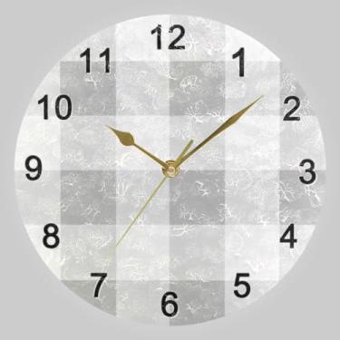 Imagem de CHIFIGNO Relógio redondo xadrez branco cinza búfalo, relógios de parede operados por bateria, relógio de decoração de parede para sala de estar, quarto, cozinha