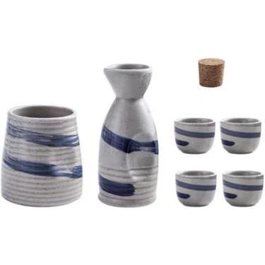 Imagem de Conjunto de saquê japonês garrafa de saquê de cerâmica copos e aquecedor de saquê para casa ou restaurante, 1 pote 4 copos 1 aquecedor (pintura azul)