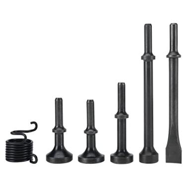 Imagem de YaeKoo 6 peças kit de ferramentas de martelo de ar suavizante 0,4" (10 mm) haste comprimento estendido acessórios com um cinzel pneumático uma mola para formar placas de metal, rebites, reparo de pneu