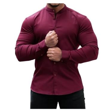 Imagem de Camisa masculina casual cor sólida abotoada atlética gola alta slim fit manga longa, Vinho tinto, P