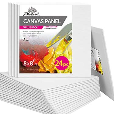 Imagem de PHOENIX Painting Canvas Panels 8x8 Inch, 24 Bulk Pack - 8 Oz Triple Primed 100% Cotton Acid Free Canvases for Painting, White Blank Flat Canvas Boards for Acrylic, Oil, Watercolor & Tempera Paints