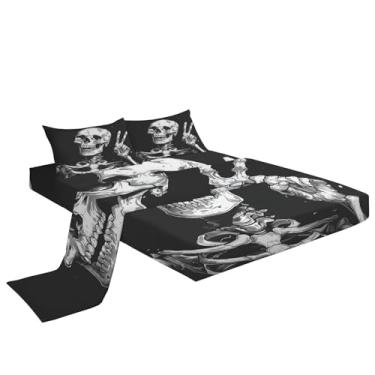 Imagem de Eojctoy Jogo de lençol preto ultramacio, 4 peças, lençol de cama e fronhas com tema de esqueleto, fácil de cuidar com lençol casal de 40,6 cm, confortável e respirável para casa
