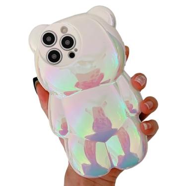 Imagem de KERZZIL Capa de telefone de urso 3D iridescência holográfica compatível com iPhone 12 Pro Max, capa de silicone macio de desenho animado fofo de animal à prova de choque para mulheres meninas (branco,