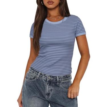 Imagem de Darong Camiseta feminina de verão, manga curta, gola redonda, listrada, caimento justo, malha canelada, Listra azul cinza, P
