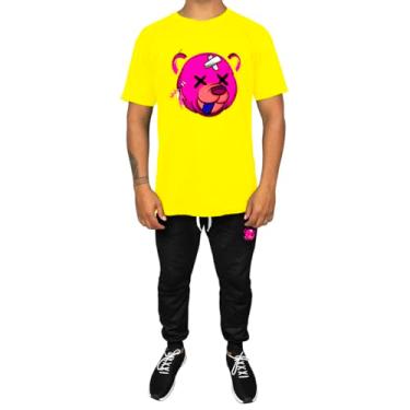 Imagem de Kit Conjunto Masculino Camiseta Algodão e Calça Moletom Casual Estampado Urso Rosa (Amarelo, GG)