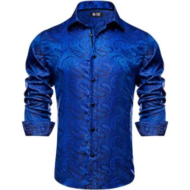 Imagem de Hi-Tie Camisas sociais masculinas de seda jacquard manga longa casual abotoada formal casamento camisa de festa de negócios, Azul royal Paisley1, 3G