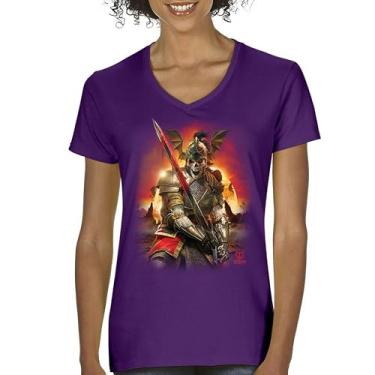 Imagem de Camiseta feminina Apocalypse Reaper gola V fantasia esqueleto cavaleiro com uma espada medieval lendária criatura dragão bruxo, Roxa, M