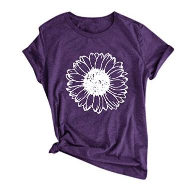 Imagem de Duobla Camisetas femininas de verão 2024 com estampa de girassol, casual, de manga curta, com estampa de flores, roupas modernas, A-1-roxo, P