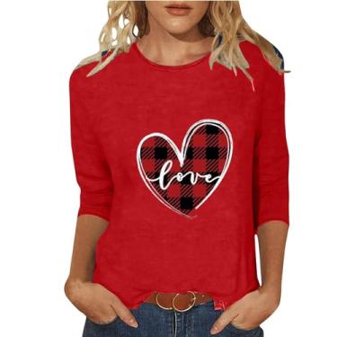 Imagem de Homisy Camisetas femininas de coração com manga 3/4 com estampa de carta de amor, leve, casual, dia dos namorados, camiseta estampada, Vermelho, G